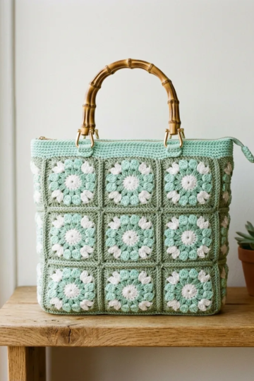 Mint Garden Granny Square Bag Free Crochet Pattern