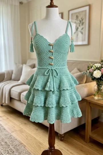 Mint Green Bohemian Ruffle Dress Free Crochet Pattern
