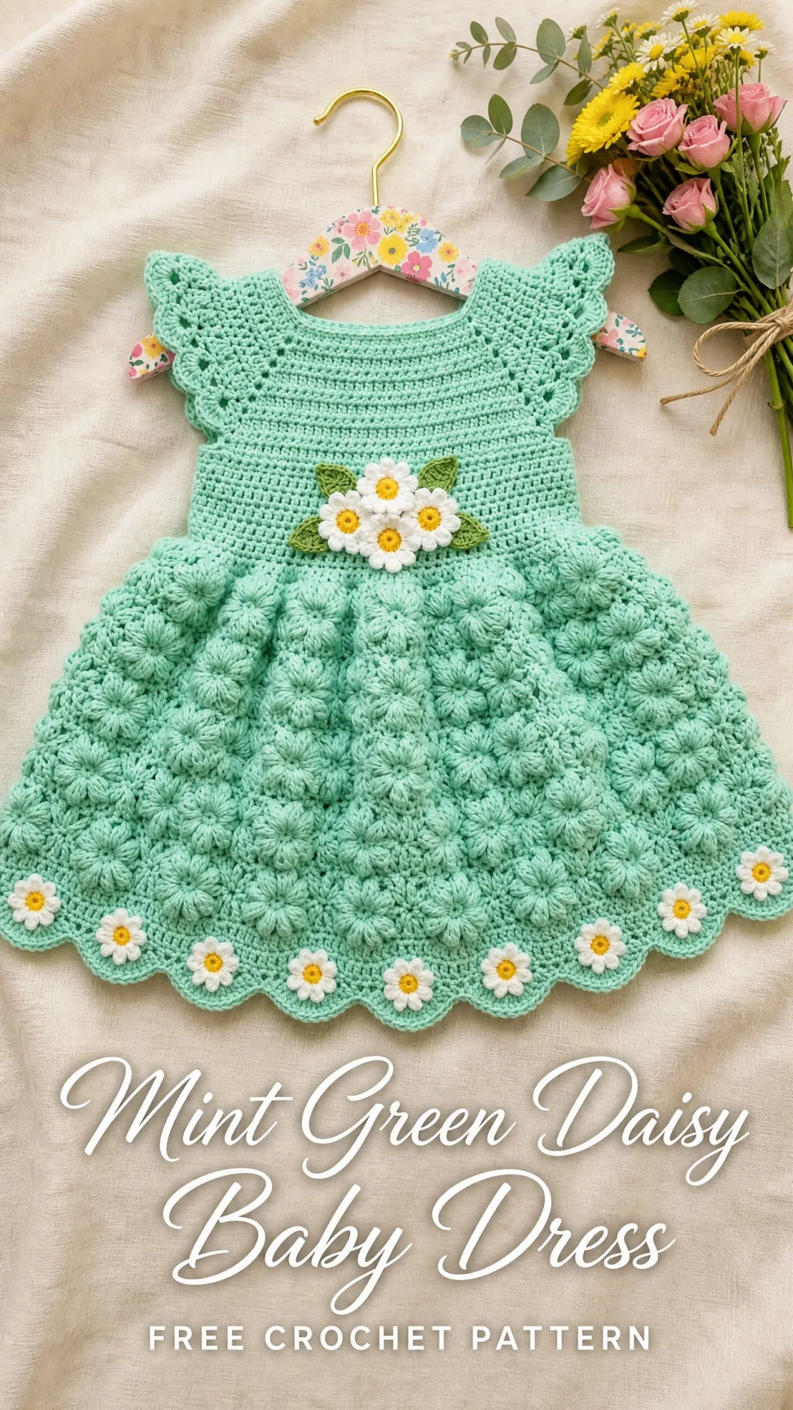 Mint Green Daisy Baby Dress Free Crochet Pattern