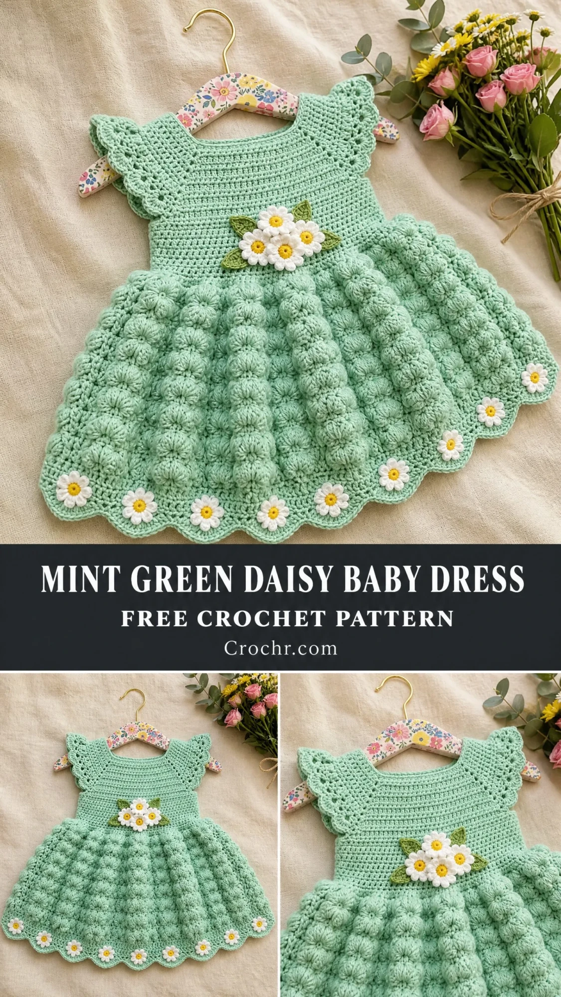 Mint Green Daisy Baby Dress Free Crochet Pattern