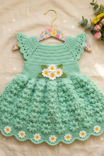 Mint Green Daisy Baby Dress Free Crochet Pattern