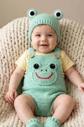 Mint Green Frog Baby Romper Free Crochet Pattern