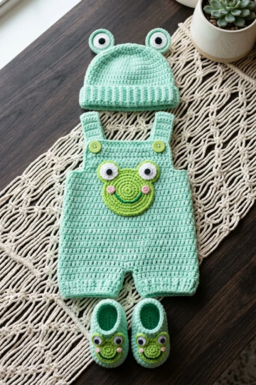 Mint Green Frog Baby Romper Set Free Crochet Pattern