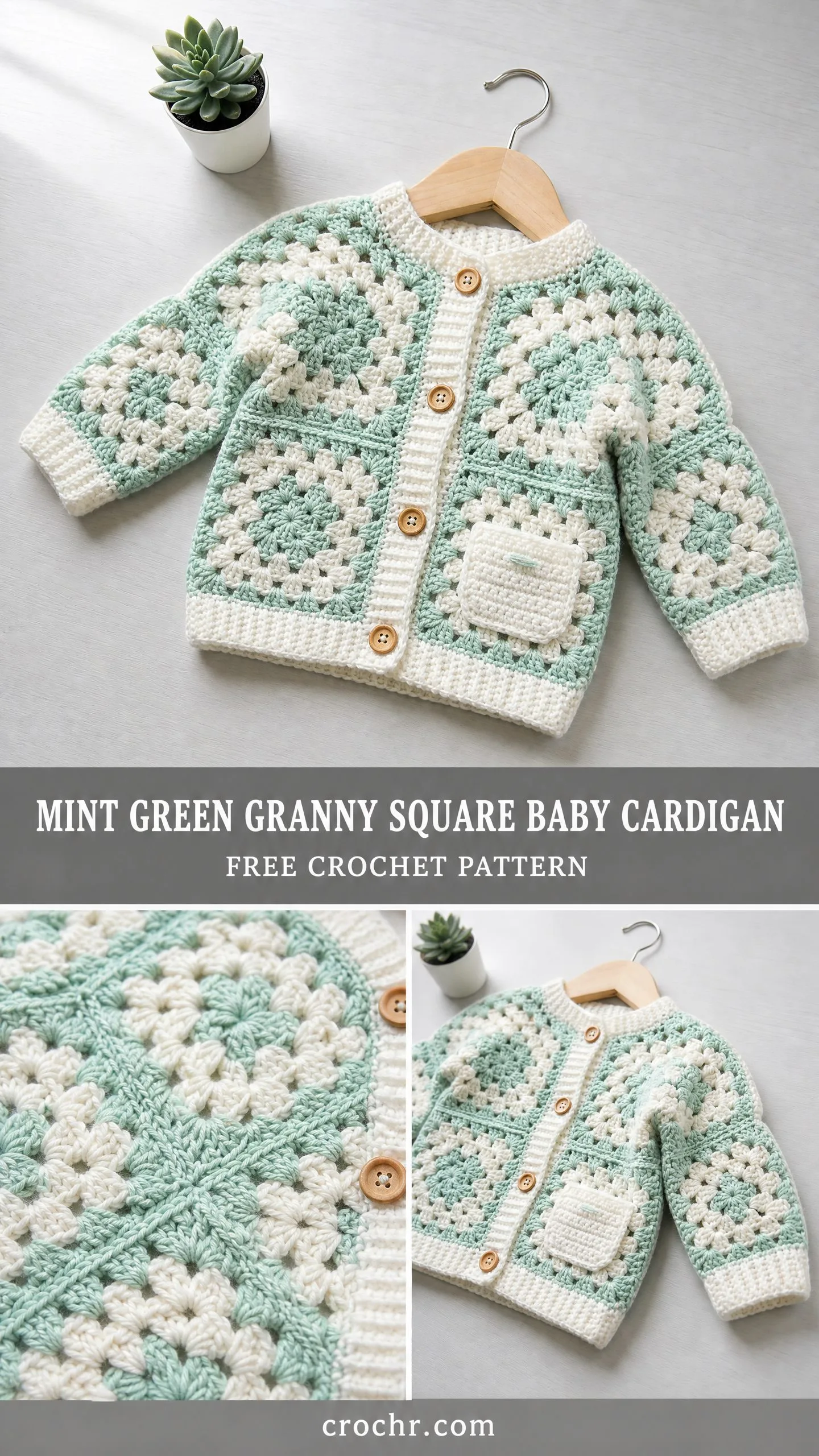 Mint Green Granny Square Baby Cardigan Free Crochet Pattern