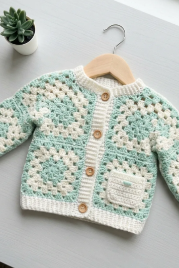 Mint Green Granny Square Baby Cardigan Free Crochet Pattern