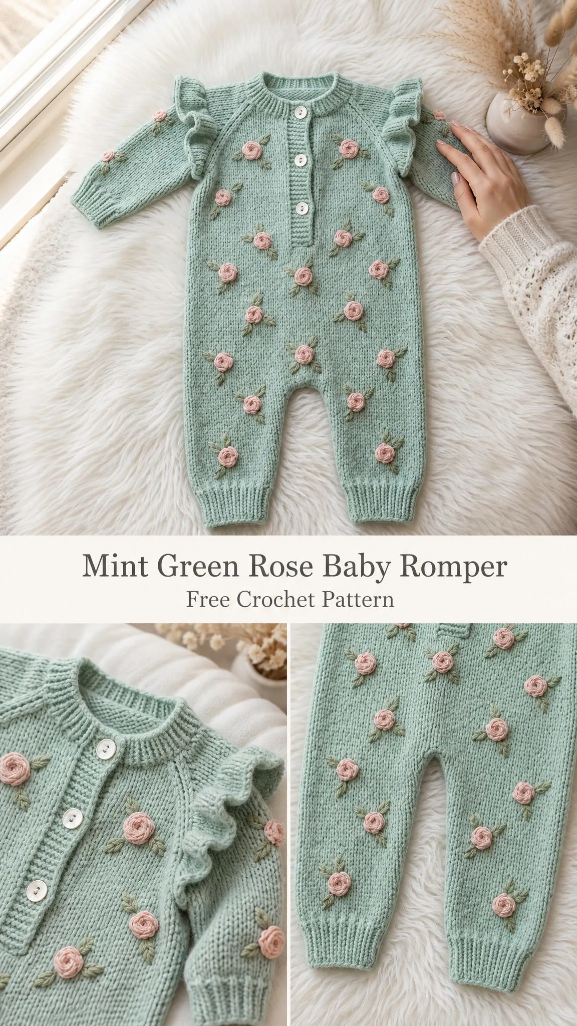 Mint Green Rose Baby Romper Free Crochet Pattern
