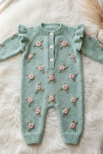 Mint Green Rose Baby Romper Free Crochet Pattern