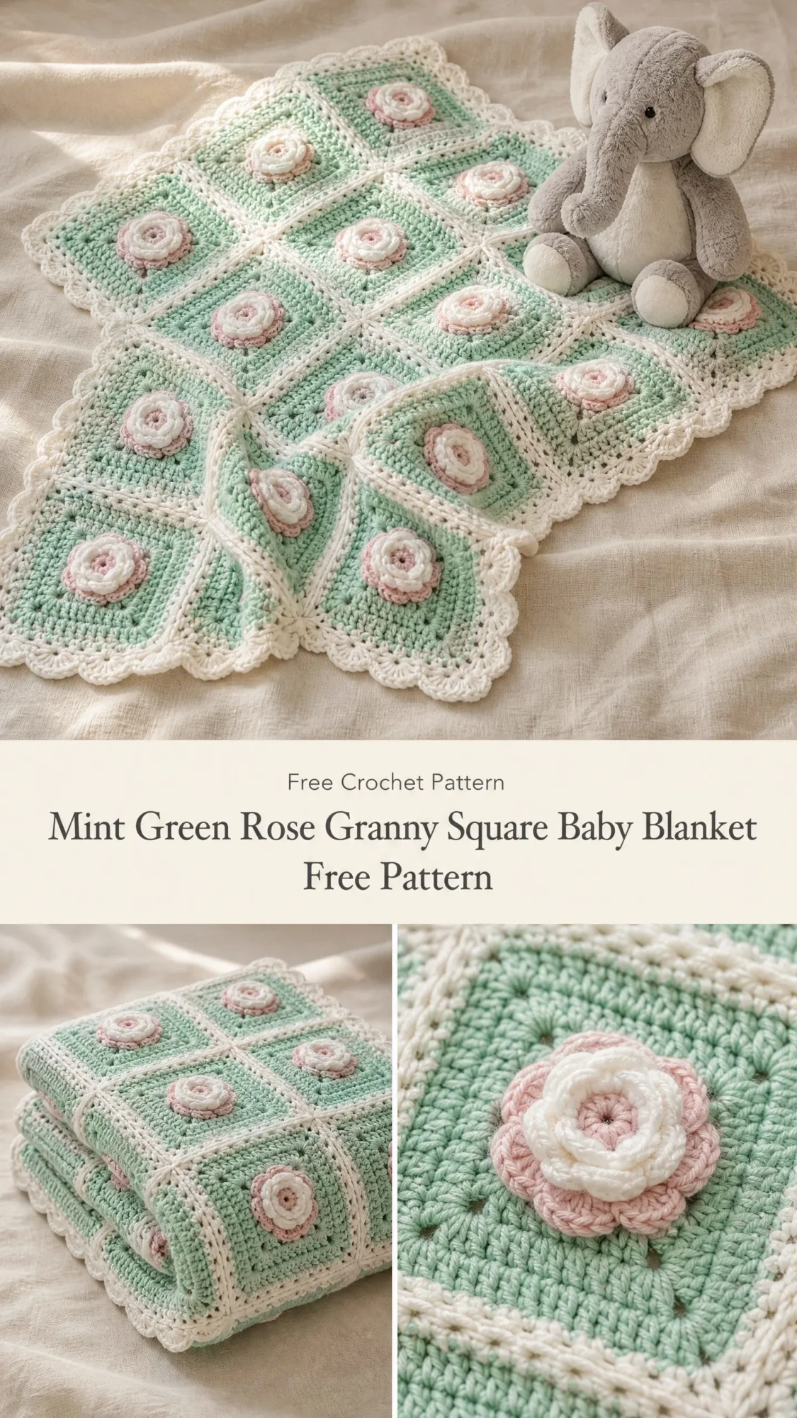 Mint Green Rose Granny Square Baby Blanket Free Pattern