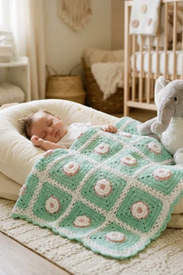 Mint Green Rose Granny Square Baby Blanket Free Pattern