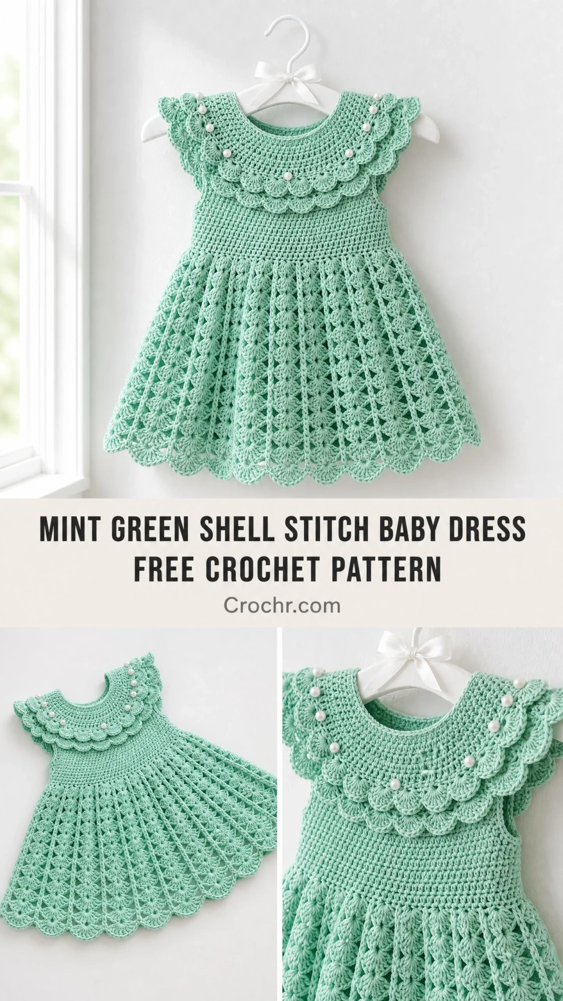 Mint Green Shell Stitch Baby Dress Free Crochet Pattern