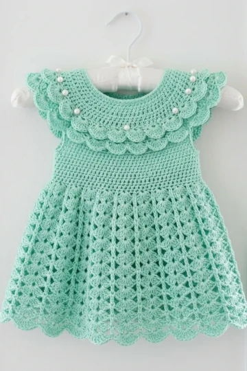 Mint Green Shell Stitch Baby Dress Free Crochet Pattern