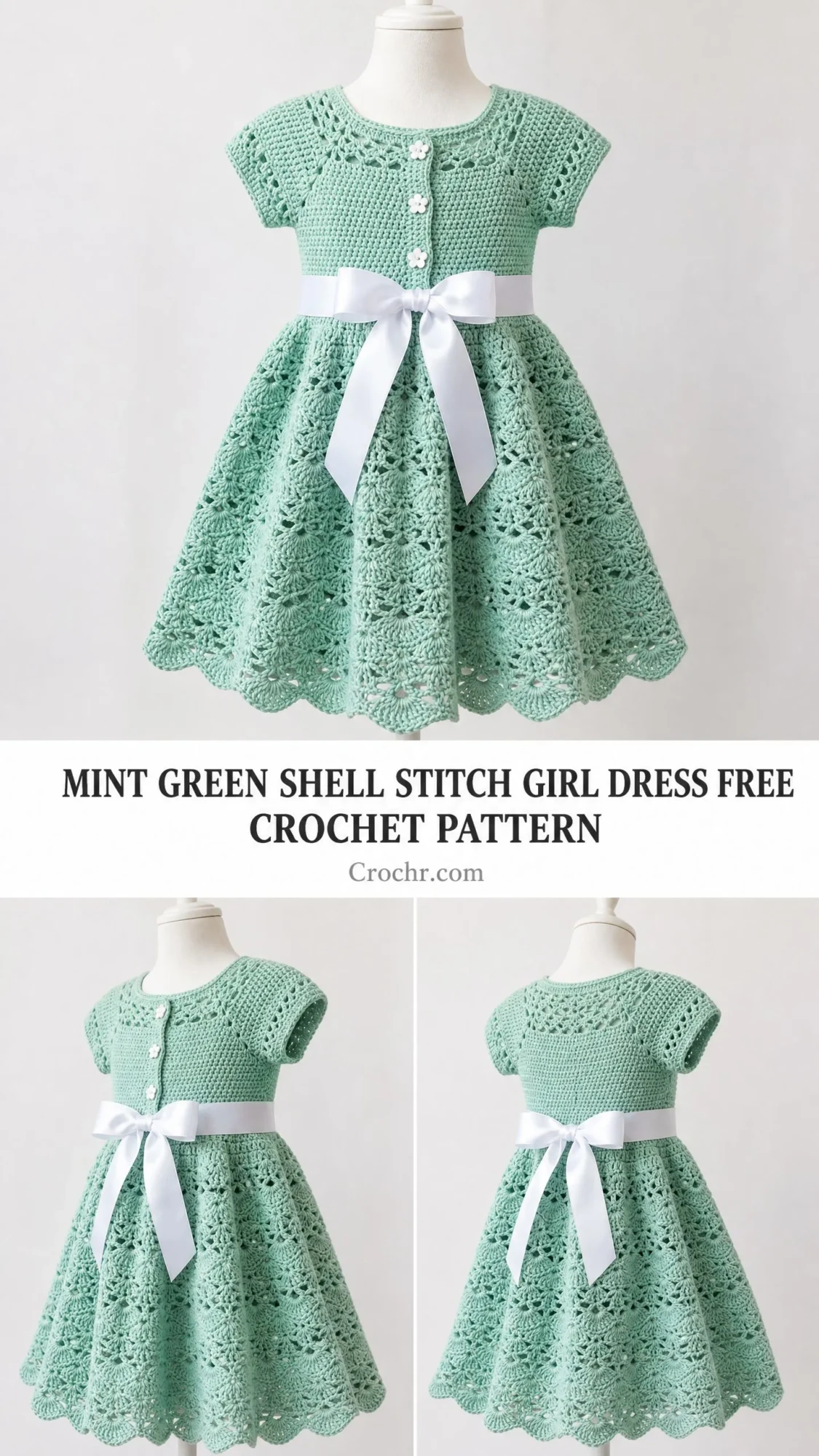 Mint Green Shell Stitch Girl Dress Free Crochet Pattern