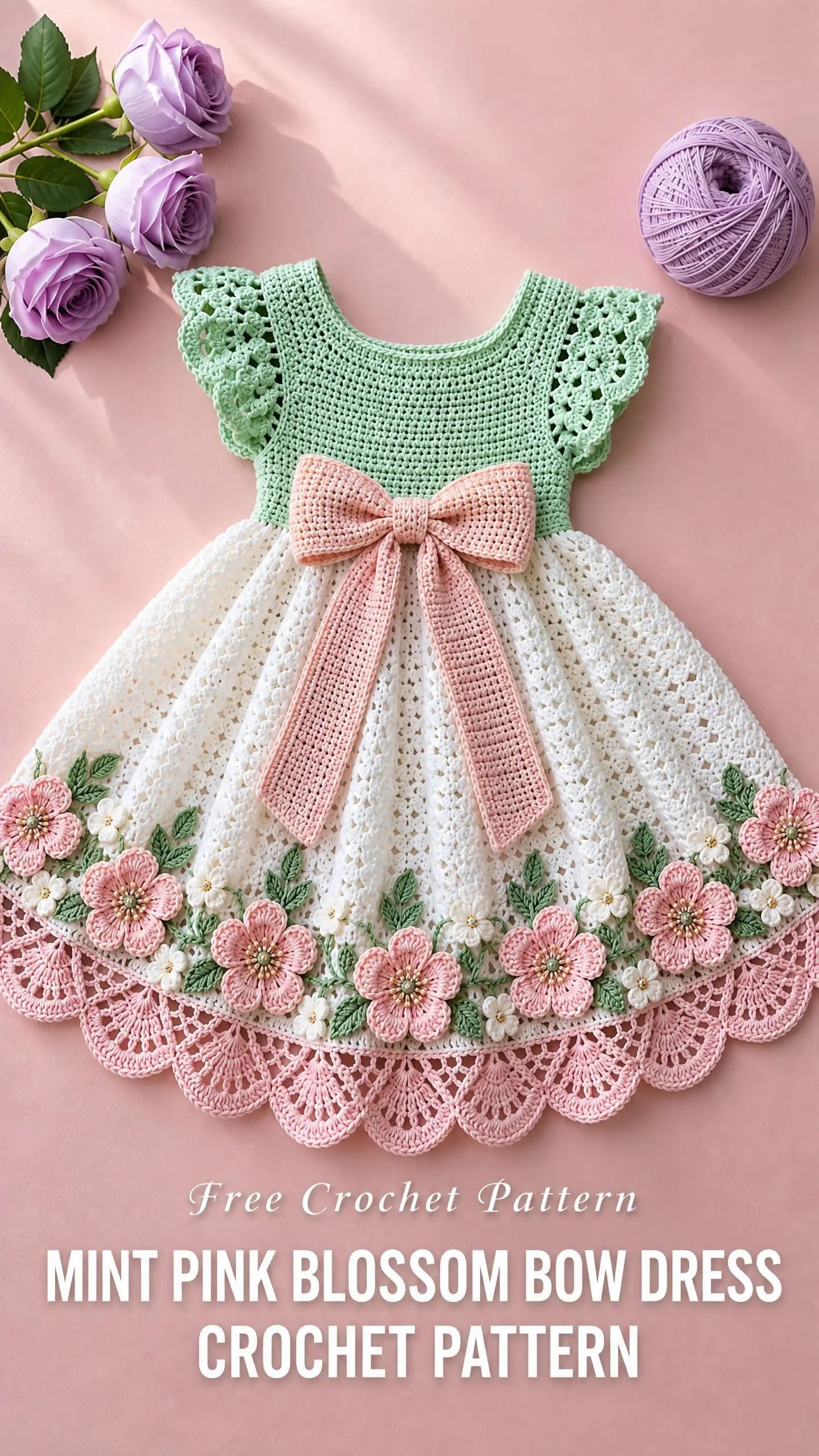 Mint Pink Blossom Bow Dress Crochet Pattern
