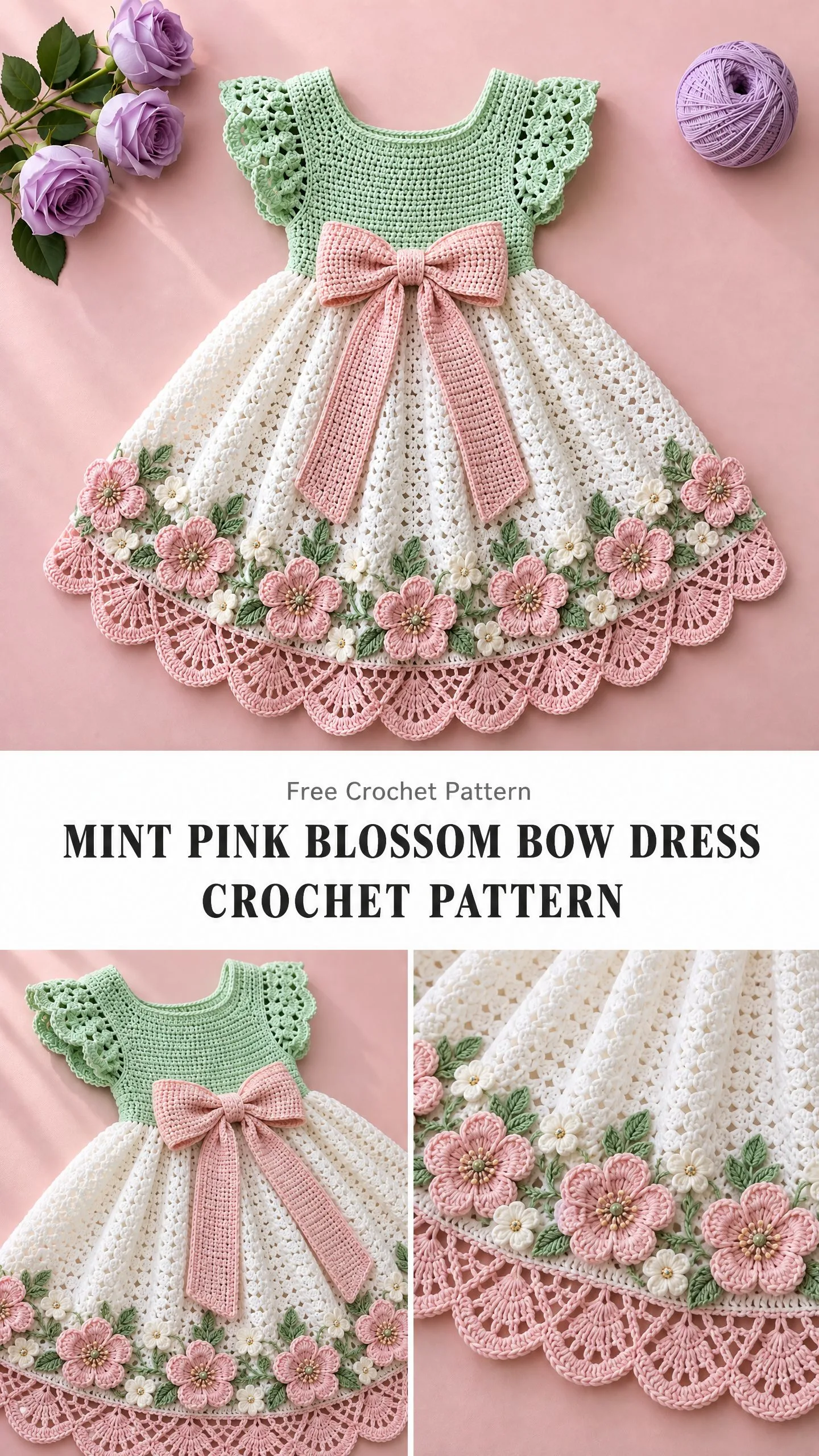 Mint Pink Blossom Bow Dress Crochet Pattern