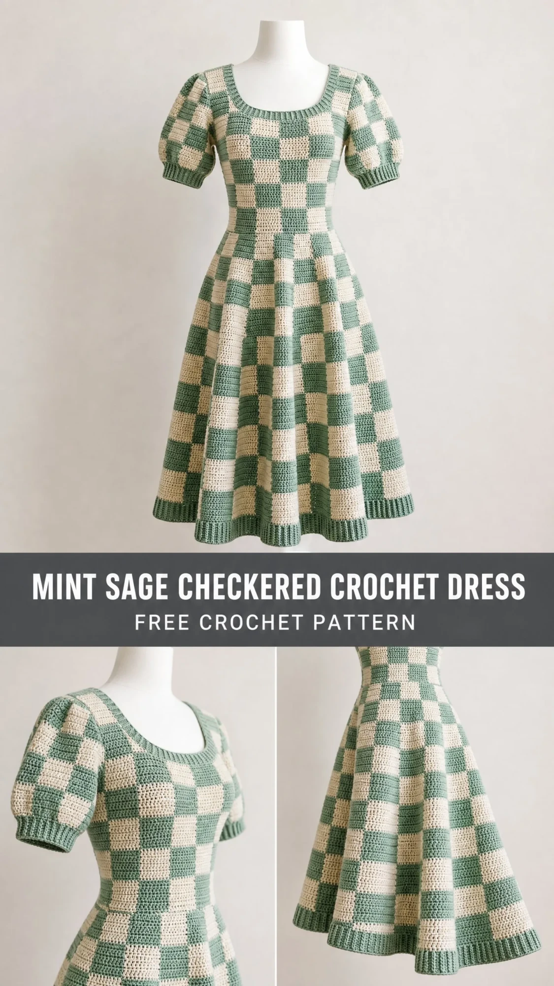 Mint Sage Checkered Crochet Dress Free Crochet Pattern