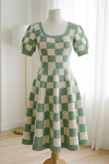 Mint Sage Checkered Crochet Dress Free Crochet Pattern