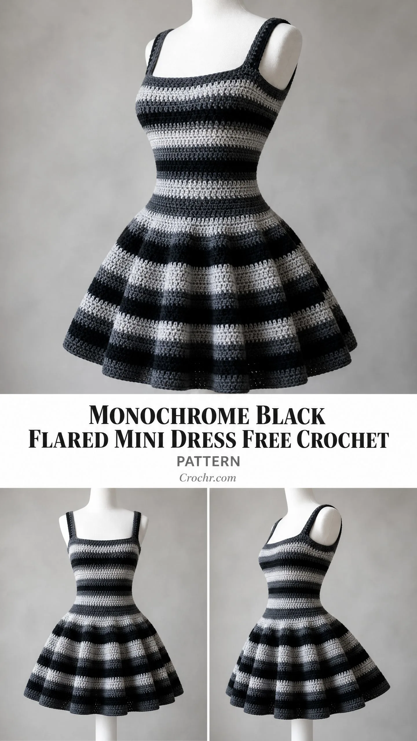 Monochrome Black Flared Mini Dress Free Crochet Pattern