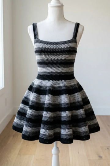 Monochrome Black Flared Mini Dress Free Crochet Pattern