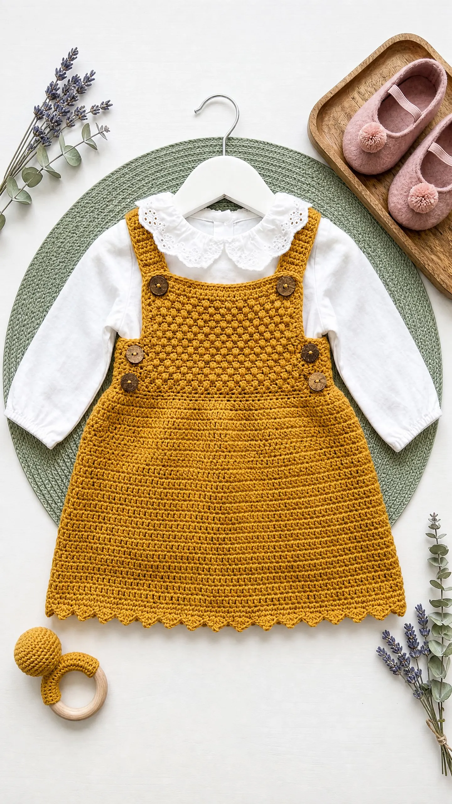 Mustard Yellow Baby Pinafore Dress Free Crochet Pattern