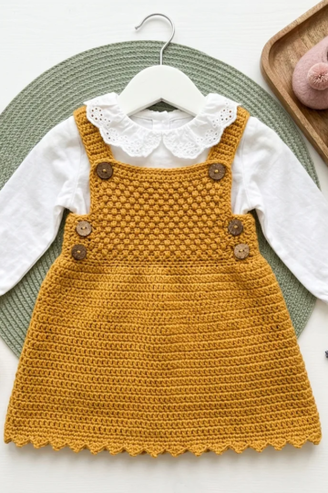 Mustard Yellow Baby Pinafore Dress Free Crochet Pattern