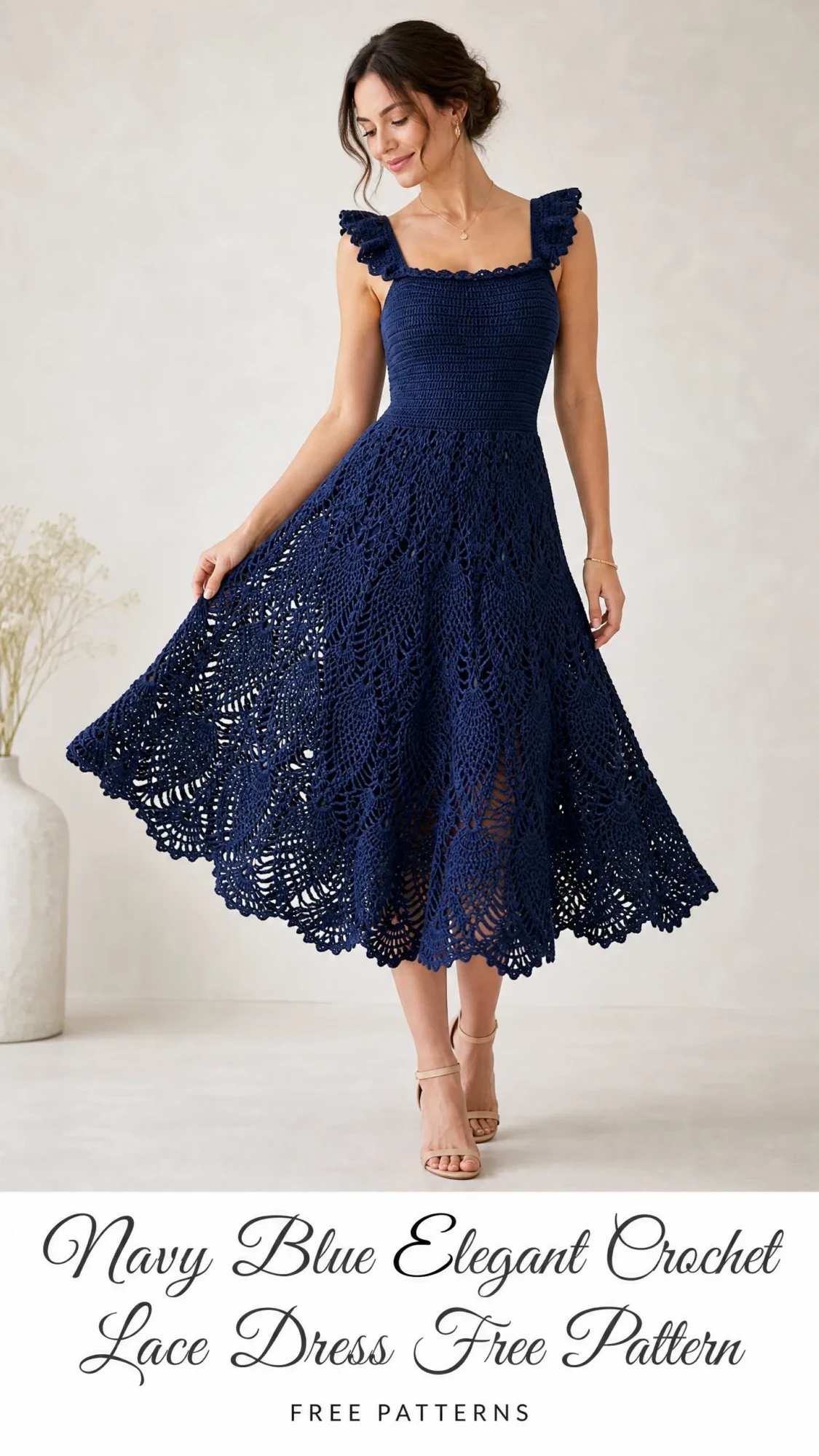 Navy Blue Elegant Crochet Lace Dress Free Pattern