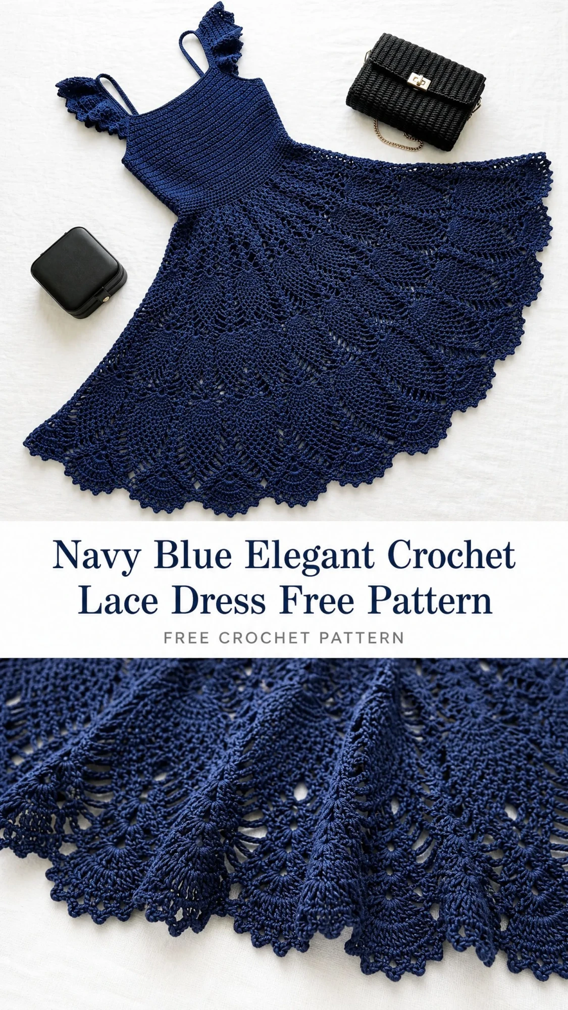 Navy Blue Elegant Crochet Lace Dress Free Pattern