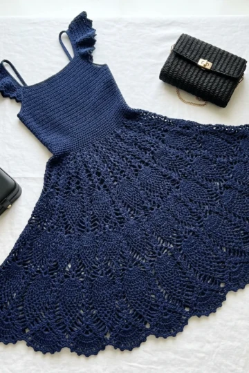 Navy Blue Elegant Crochet Lace Dress Free Pattern