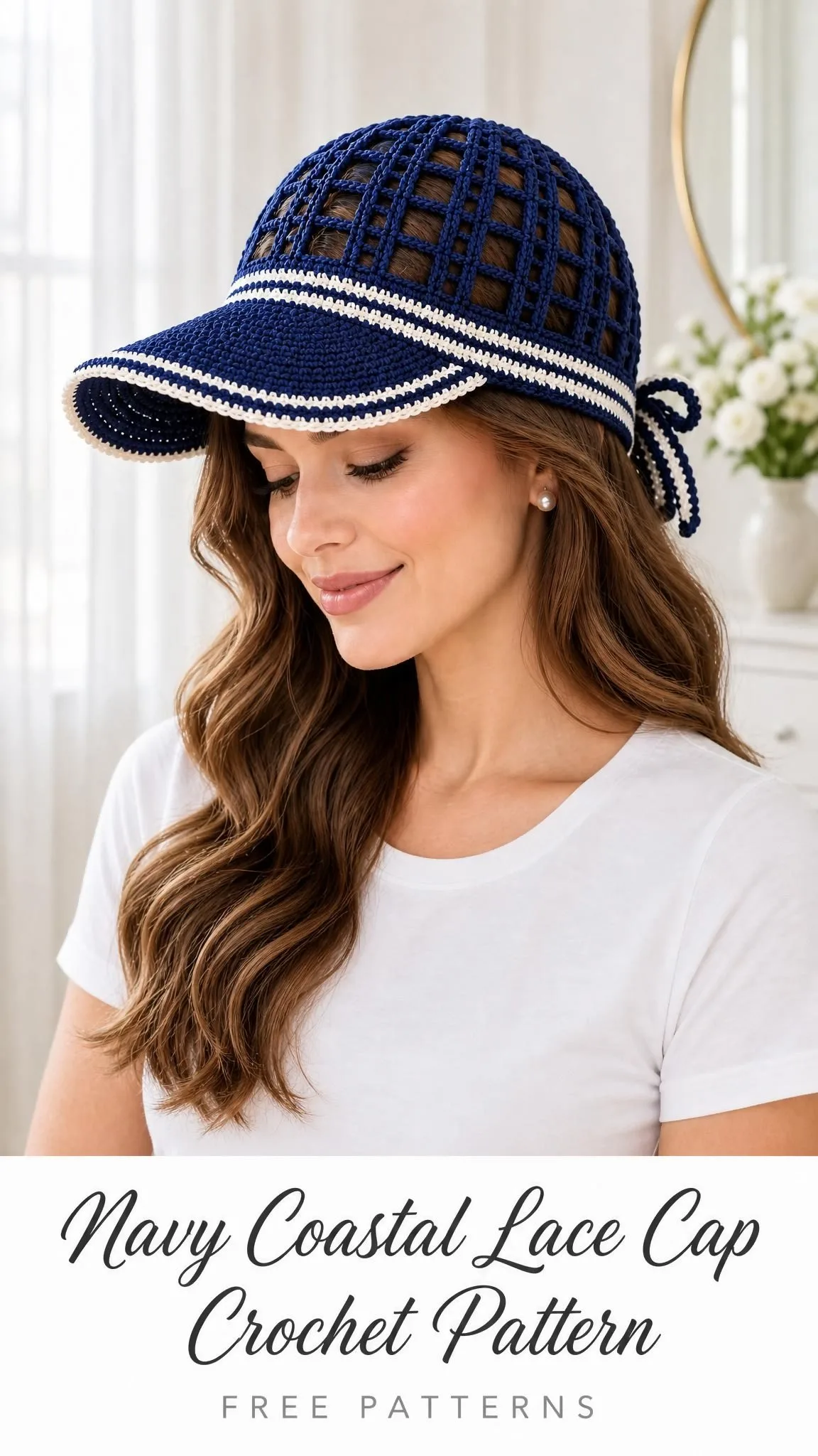 Close up of geometric ladder mesh crochet crown on navy ponytail cap with white contrast edging