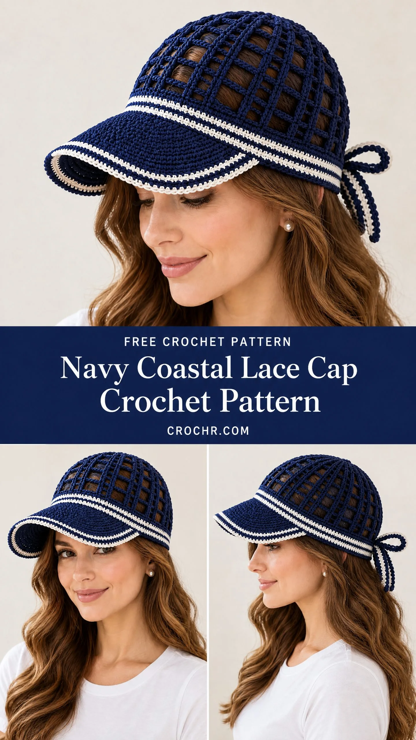 Handmade navy crochet sun visor cap featuring open lacework crown and double layer brim with nautical stripes