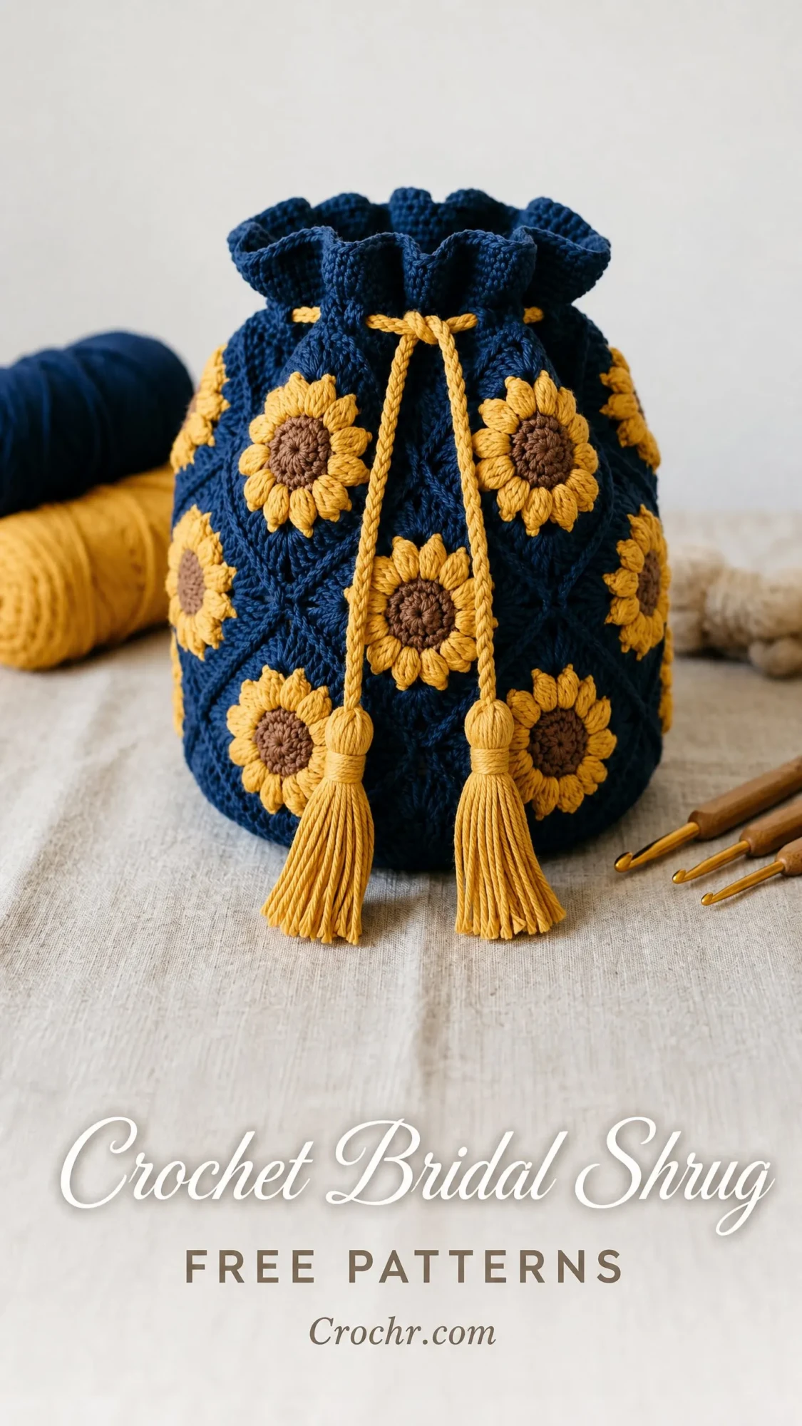 Navy Sunflower Drawstring Pouch Free Crochet Pattern
