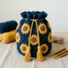 Navy Sunflower Drawstring Pouch Free Crochet Pattern