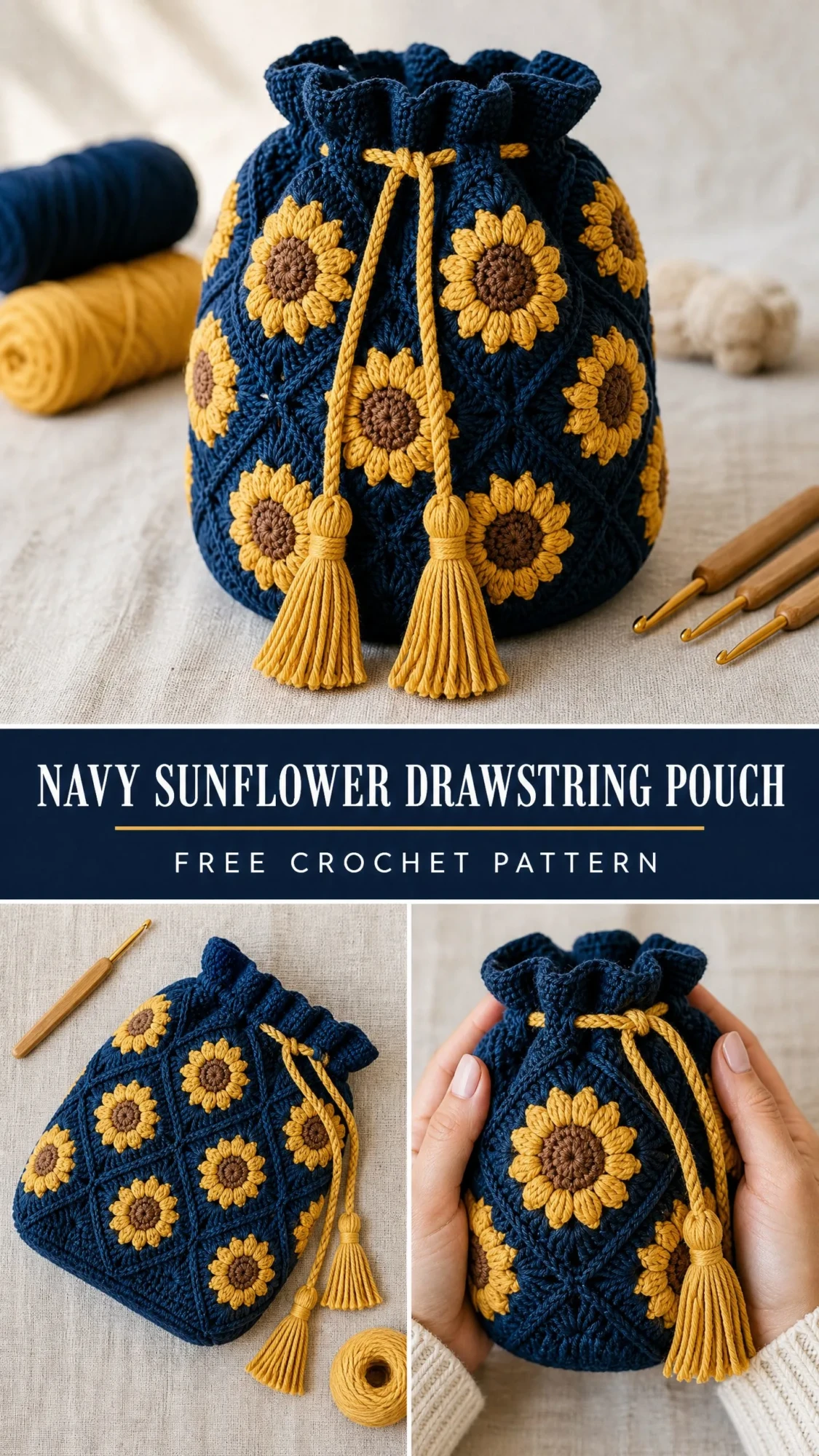 Navy Sunflower Drawstring Pouch Free Crochet Pattern