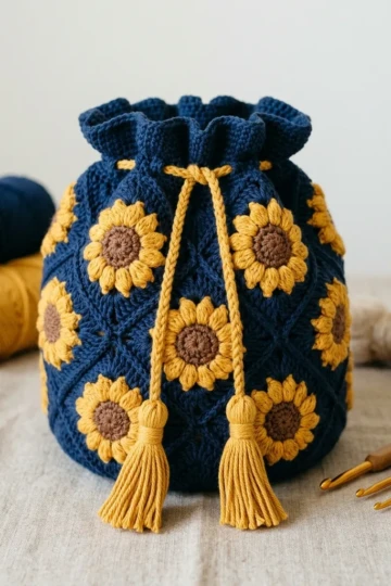 Navy Sunflower Drawstring Pouch Free Crochet Pattern