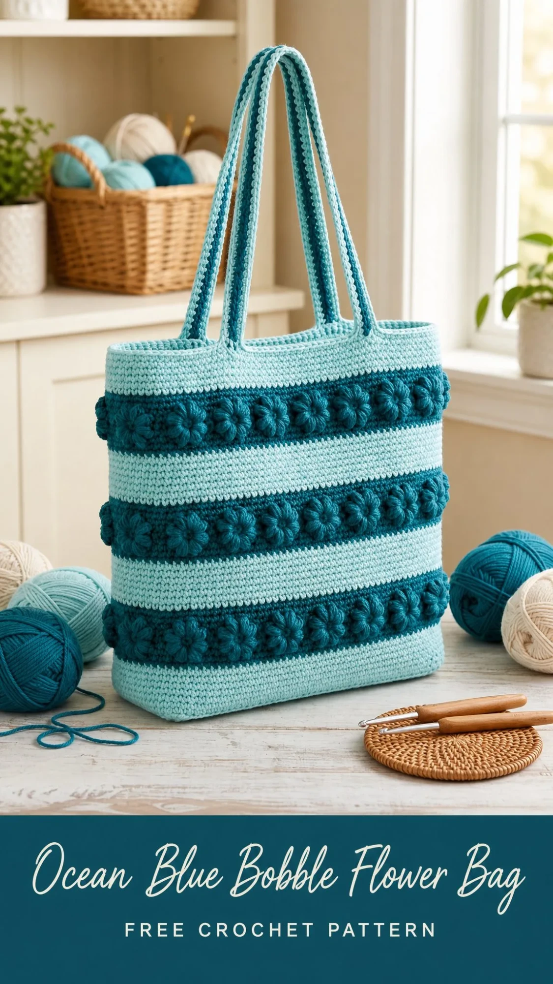 Ocean Blue Bobble Flower Bag Free Crochet Pattern