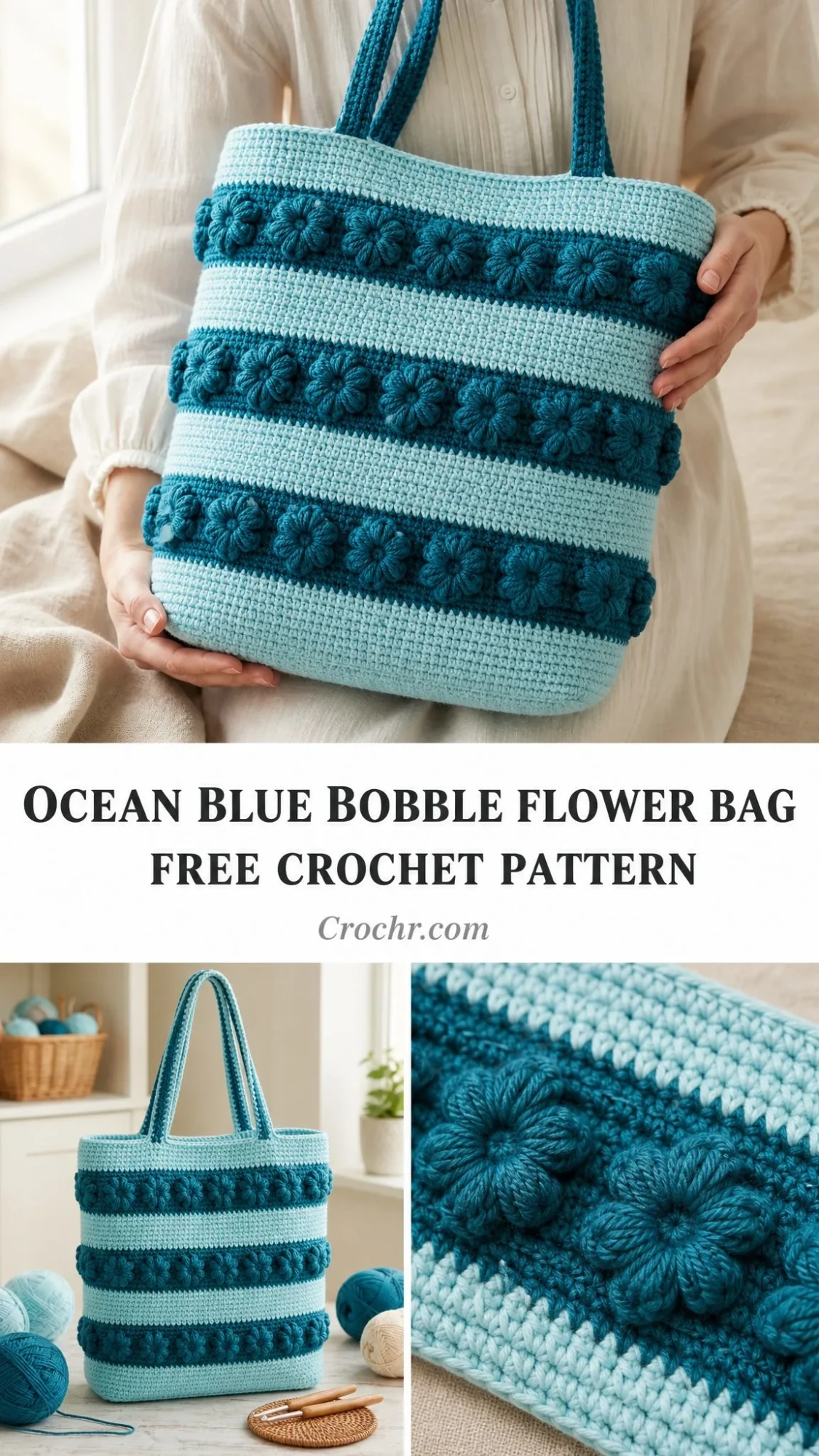 Ocean Blue Bobble Flower Bag Free Crochet Pattern