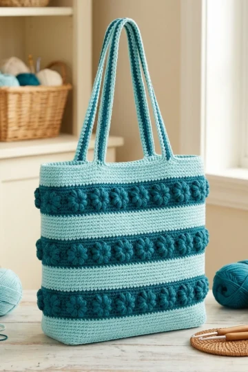 Ocean Blue Bobble Flower Bag Free Crochet Pattern