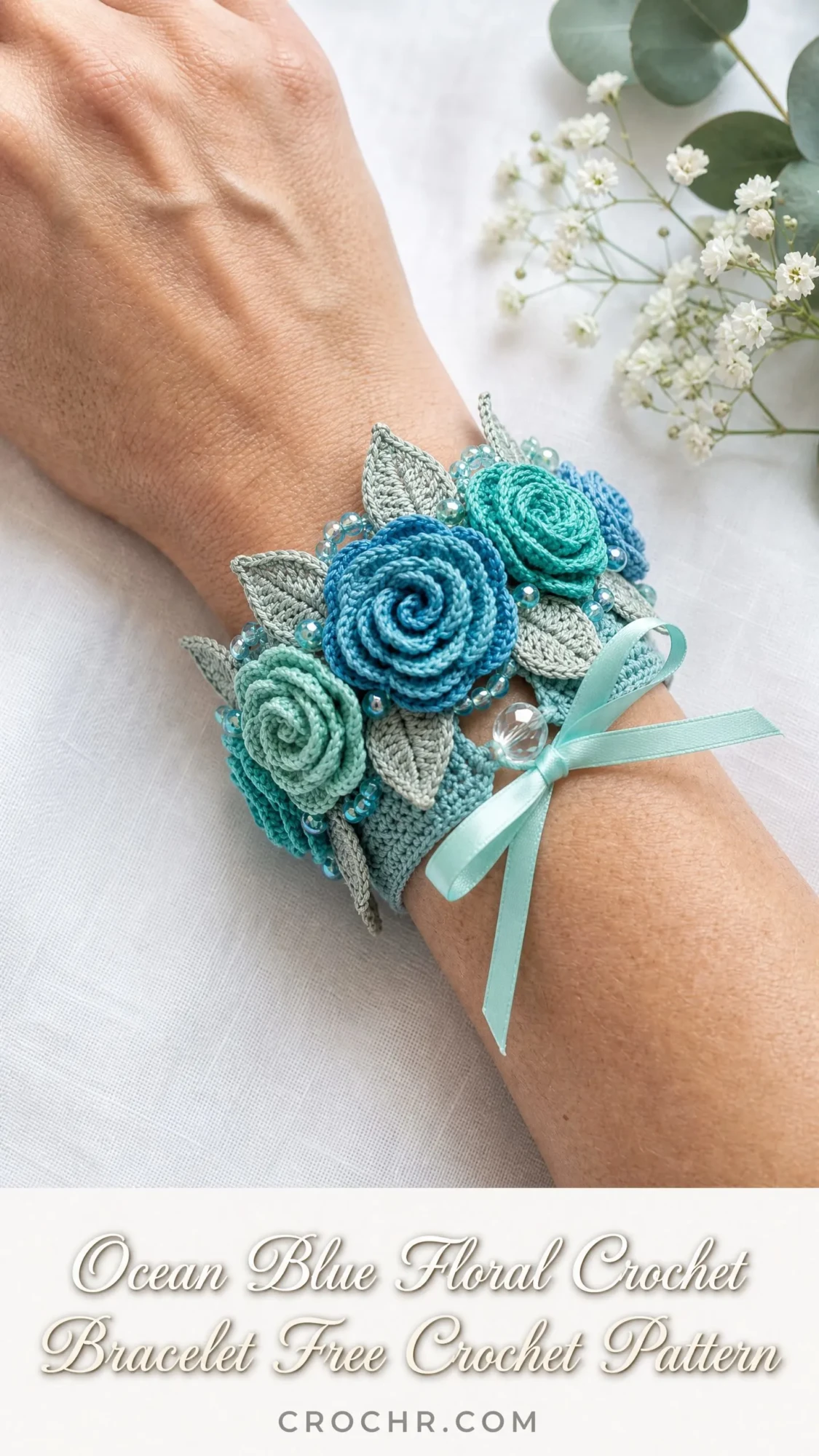 Ocean Blue Floral Crochet Bracelet Free Crochet Pattern
