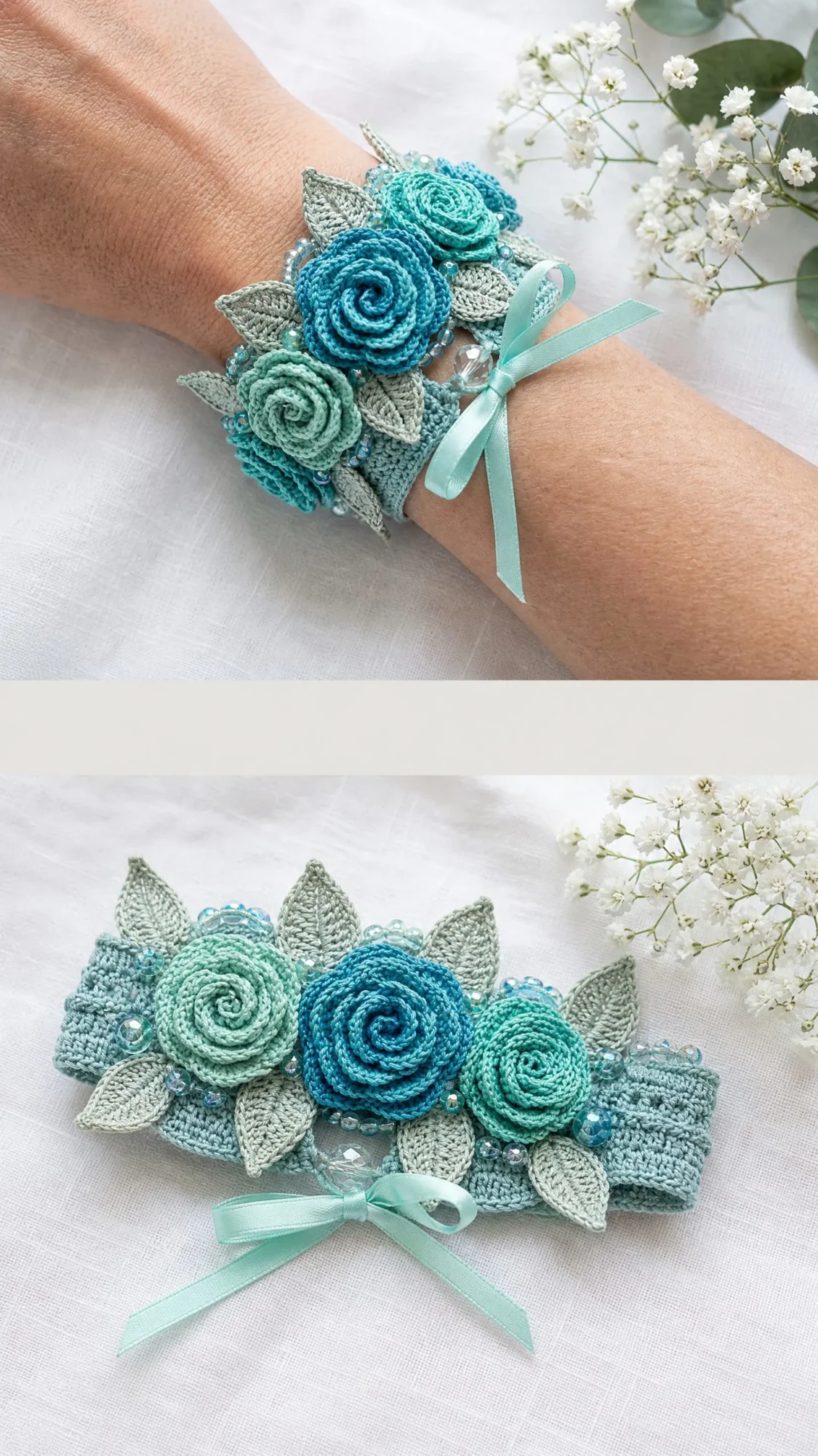 Ocean Blue Floral Crochet Bracelet Free Crochet Pattern
