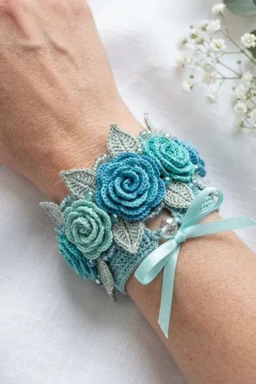 Ocean Blue Floral Crochet Bracelet Free Crochet Pattern
