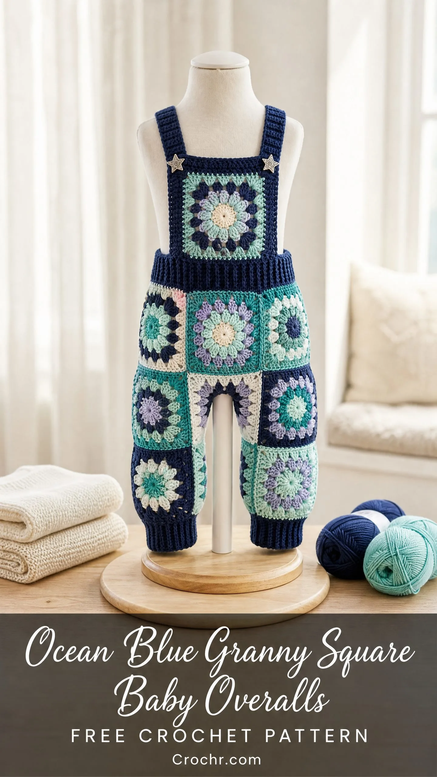 Ocean Blue Granny Square Baby Overalls Free Crochet Pattern