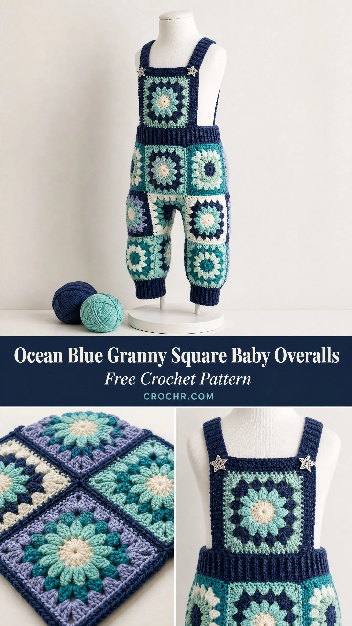 Ocean Blue Granny Square Baby Overalls Free Crochet Pattern