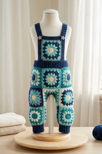 Ocean Blue Granny Square Baby Overalls Free Crochet Pattern