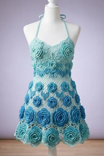Ocean Blue Rose Crochet Dress Free Pattern