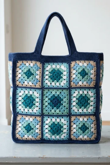 Ocean Blues Granny Square Bag Free Crochet Pattern