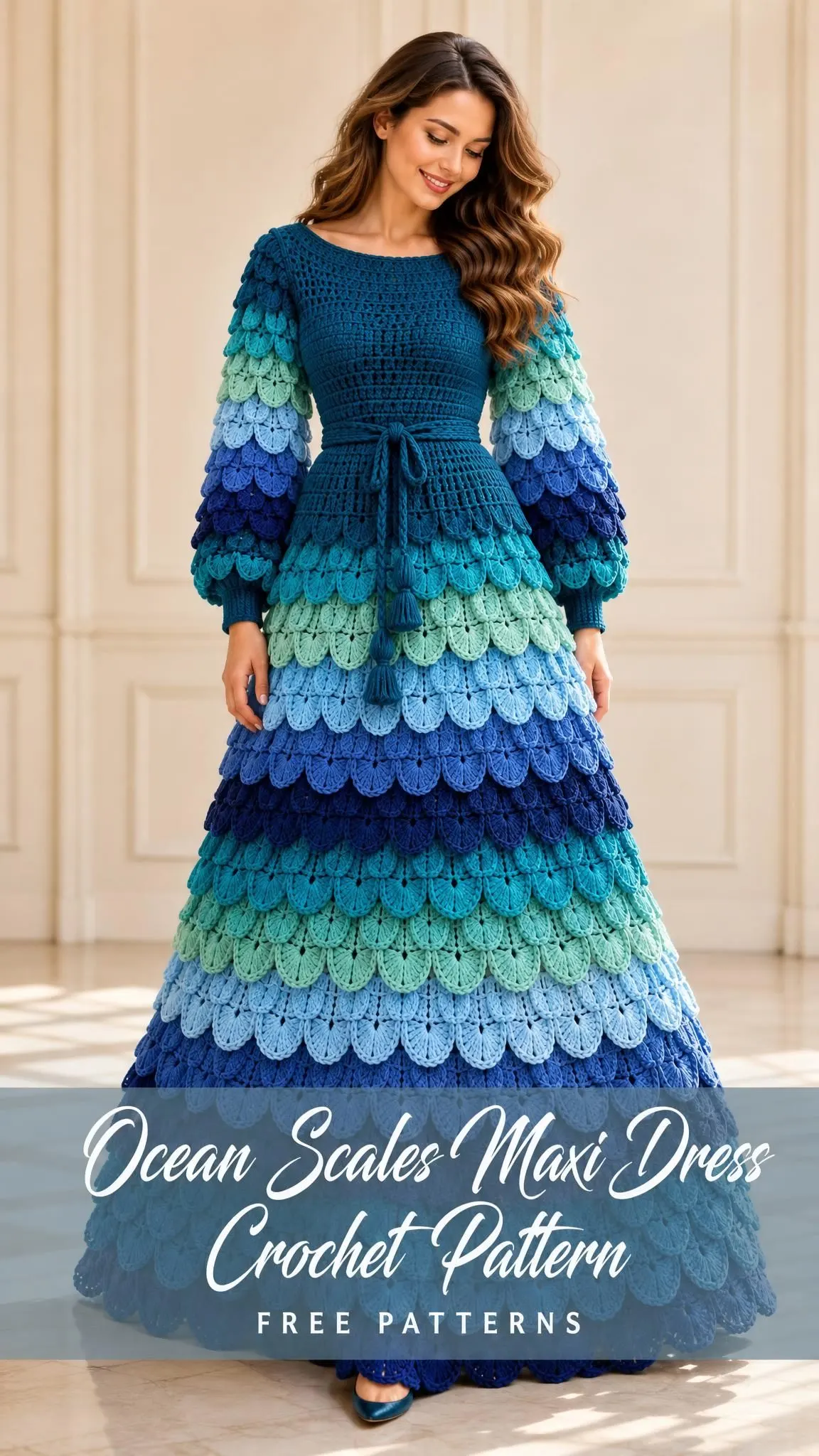 Crocheted maxi dress featuring twelve tiers of overlapping scales in aqua seafoam ice blue denim and navy with fitted teal top
