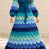 Ocean Scales Maxi Dress in teal bodice with cascading blue and green crocodile stitch scales on full skirt and sleeves