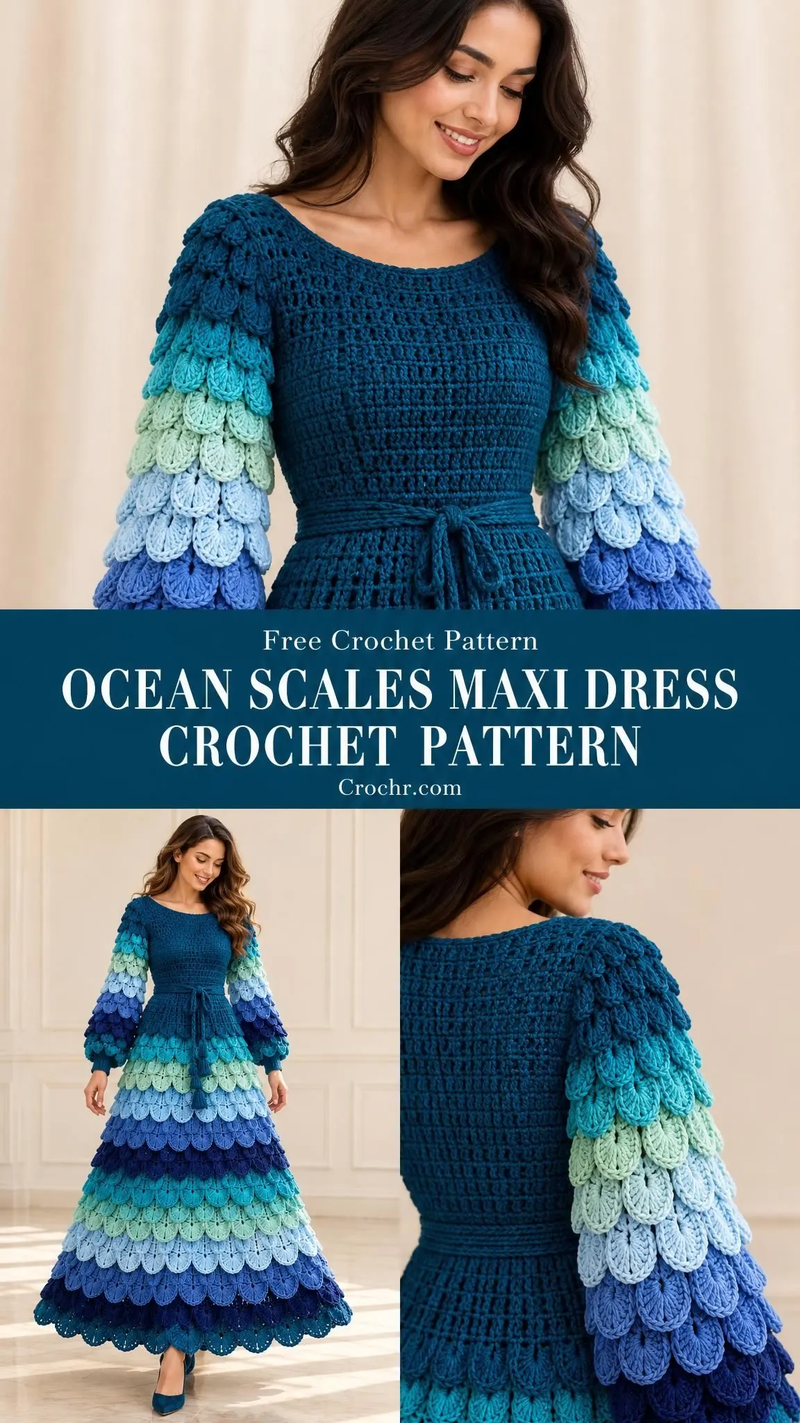 Full length view of handmade crocodile stitch dress with rainbow ocean colors bell sleeves and waist sash with tassels