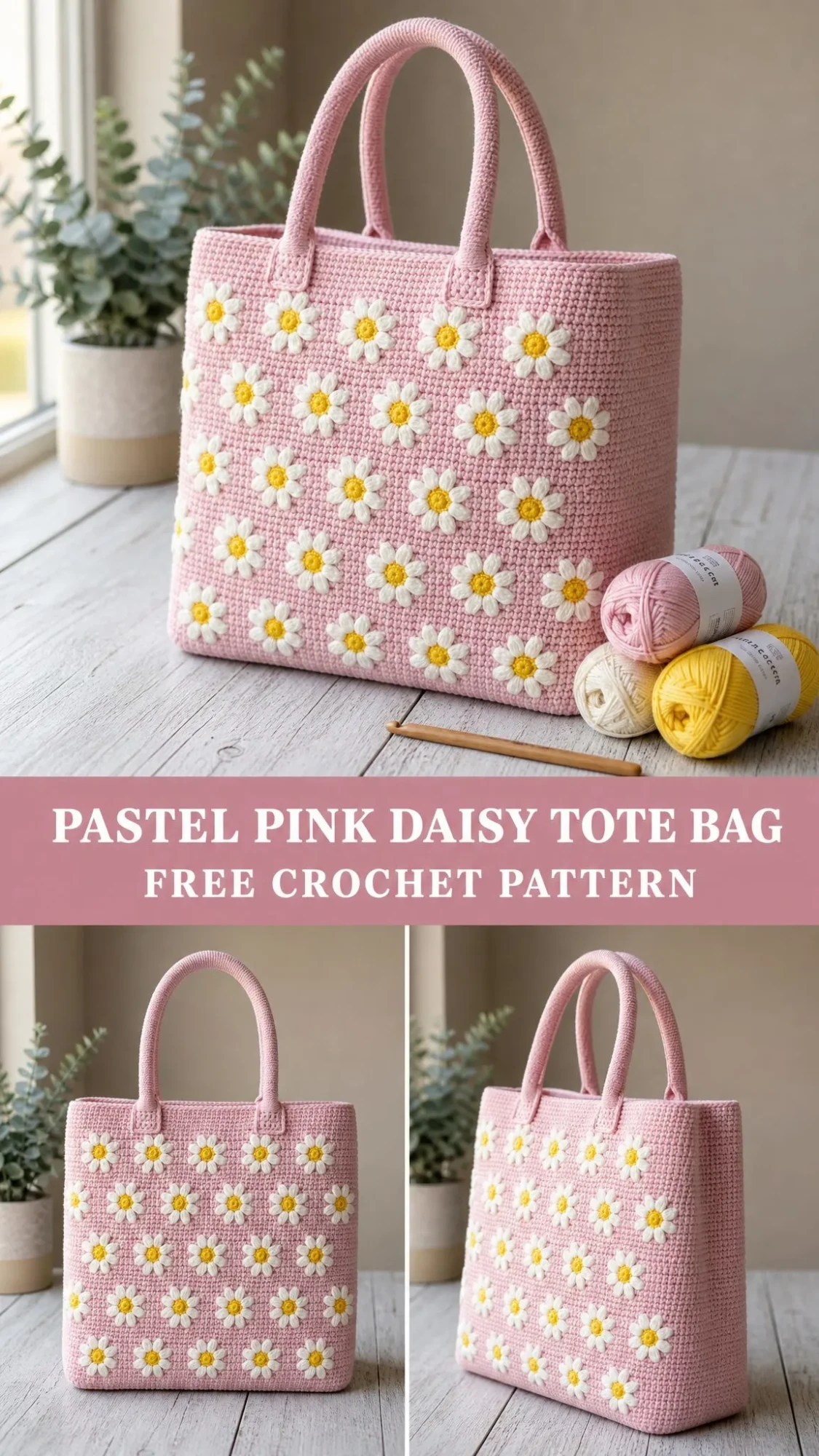 Pastel Pink Daisy Tote Bag Free Crochet Pattern