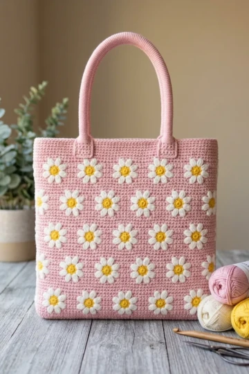 Pastel Pink Daisy Tote Bag Free Crochet Pattern