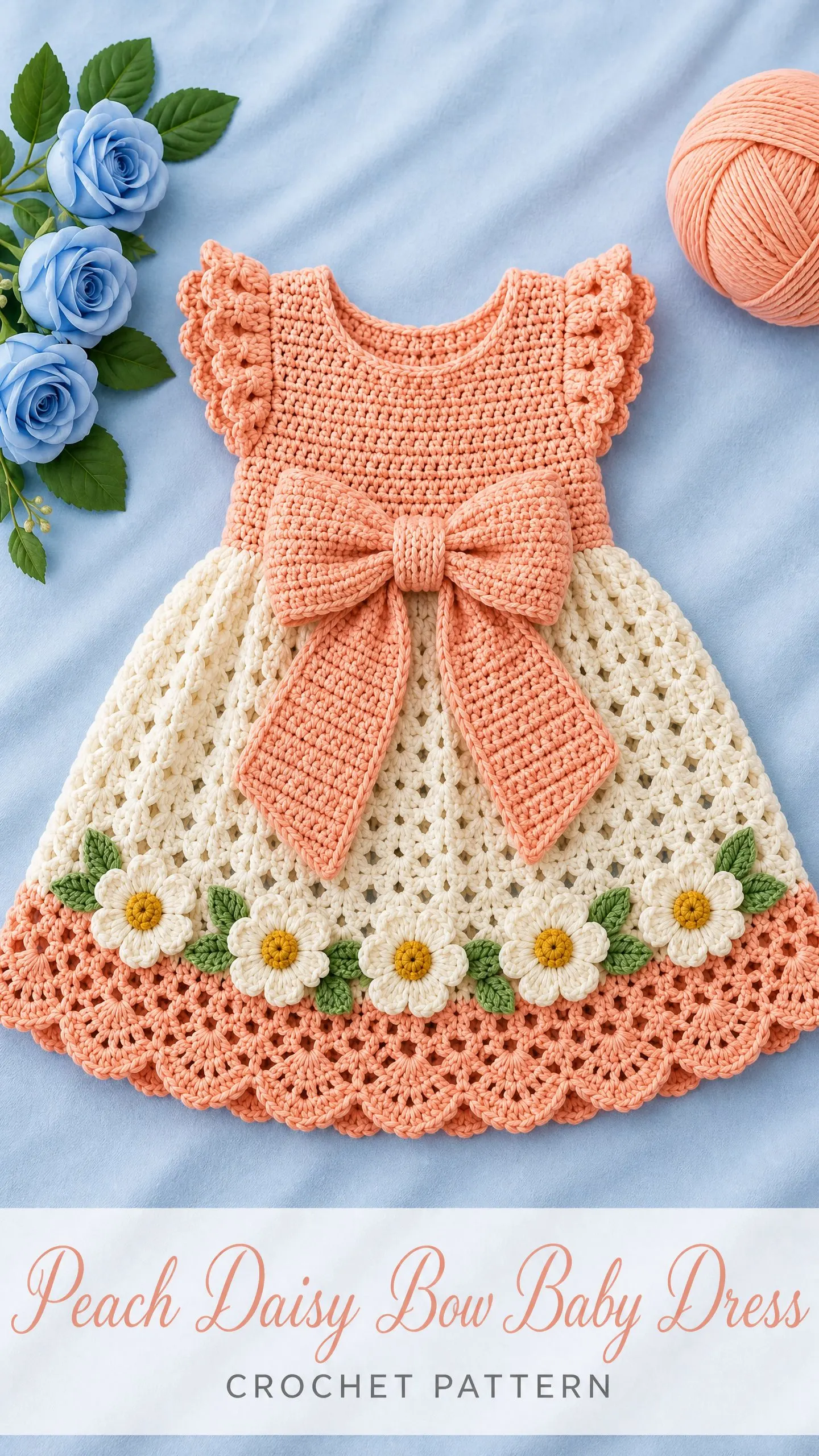 Peach Daisy Bow Baby Dress Crochet Pattern